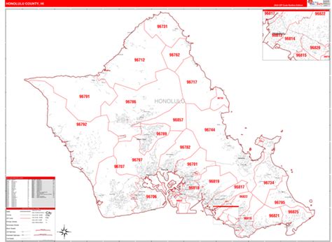 Honolulu County, HI Zip Code Wall Map Red Line Style by MarketMAPS - MapSales