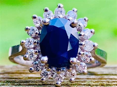 Natural Sapphire Engagement Ring Diamond Halo Vintage Sapphire Ring 1.50 Carat Natural Sapphire ...