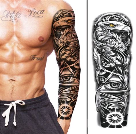 Full Sleeve Temporary Tattoo Tribal Eagle Eye Egyptian Arm Tattoo Art Waterproof Temporary ...