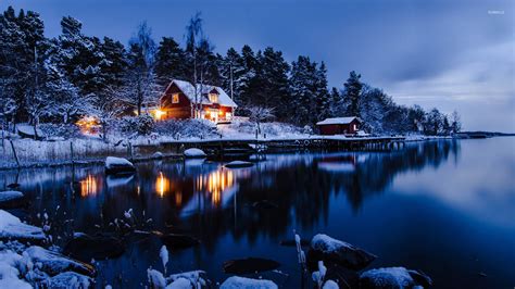 Lakeside winter cabin wallpaper - World wallpapers - #25436