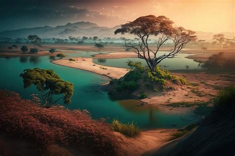 Premium Photo | A landscape with a river and a sunset.