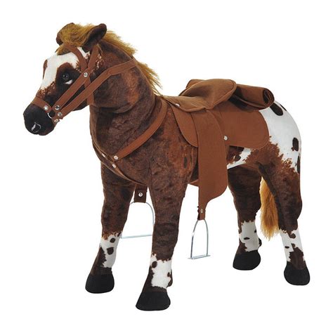 Qaba Kids Standing Ride On Horse Toddler Plush Interactive Toy with Sound Dark Brown/White ...