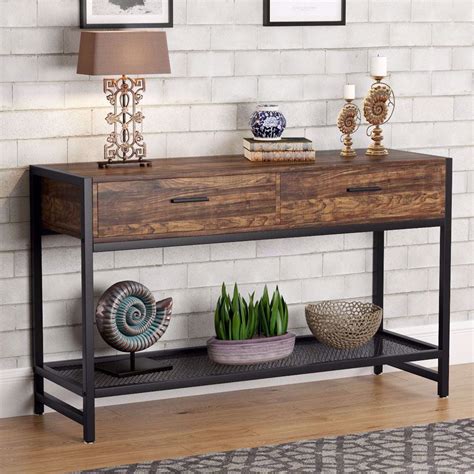 Home & Living Rustic Industrial Entry Table Sofa Console Table with Drawers Living Room ...