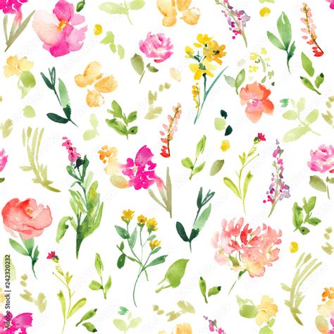 Spring Floral Field Pattern Background Wallpaper. Pink Spring Flowers Watercolor Pattern Stock ...