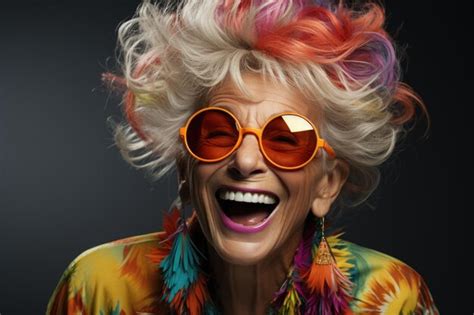 Premium AI Image | Portrait of happy senior woman in glasses Laughing old woman with hairstyle ...