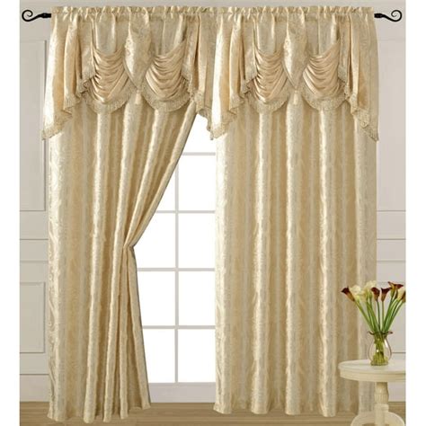 Luxury Jacquard Curtain Panel with Attached Waterfall Valance, 54 by 84-Inch Ashley Beige (1 ...