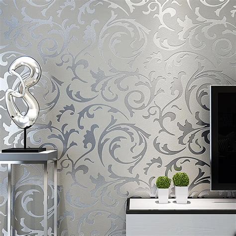 Grey Classic Luxury 3D Floral Embossed Textured Wall Paper Modern Wallpaper For Living room ...