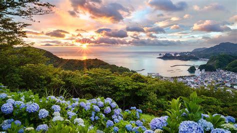 Sunset view from hydrangea hills, Matsuzaki, Shizuoka, Japan | Windows 10 Spotlight Images