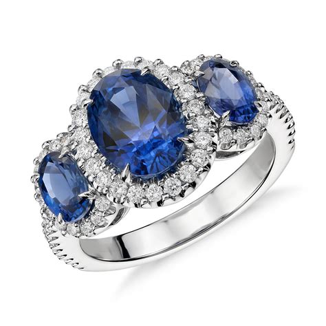 Three Stone Sapphire and Diamond Halo Ring in 18k White Gold (4.30 ct. tw.) | Blue Nile