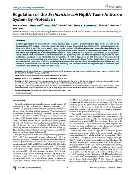 (PDF) Regulation of the Escherichia coli HipBA Toxin-Antitoxin System by Proteolysis | Marin ...