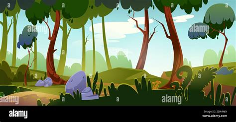 Cartoon forest background, nature landscape with deciduous trees, rocks, green grass and bushes ...