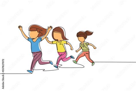 Single continuous line drawing children in athletics competitions. The girls run in stadium and ...