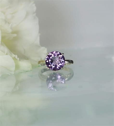 Round Amethyst Solitaire Ring Sterling Silver Classic Style Design