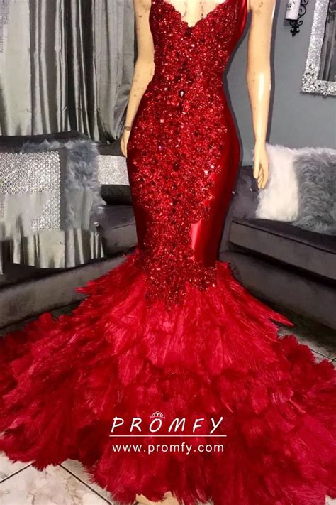 Crystal Diamond Beaded Red Feather Mermaid Dress - Promfy