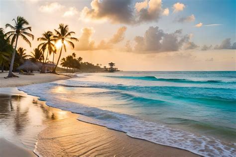 Premium AI Image | a sunset on a tropical beach