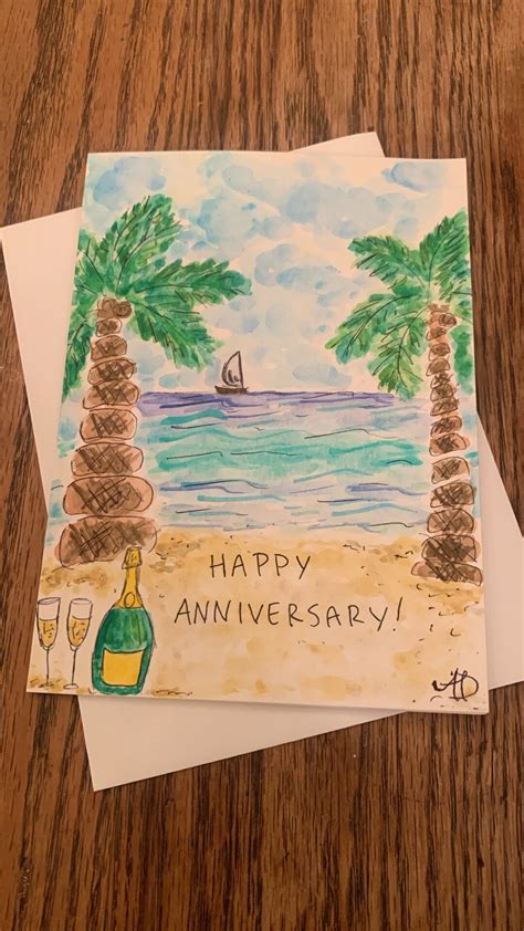 Personalized Anniversary Card Custom Anniversary Card Watercolor Handmade, Beach Anniversary ...