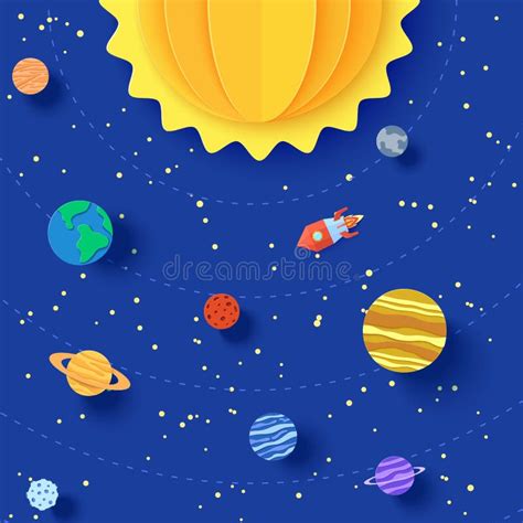 Solar System Model in Paper Cut Style. Cartoon Planets, Red Polygonal Rocket and Origami UFO ...