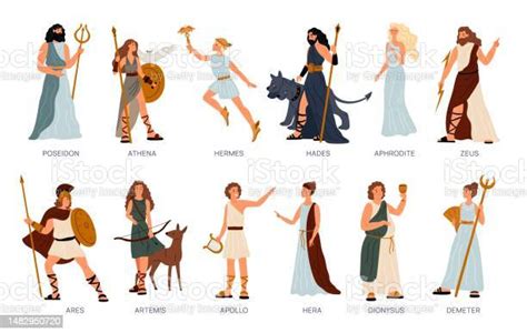 Greek Pantheon Gods And Goddesses Ancient Mythology Cartoon Devine Characters Hephaestus And ...