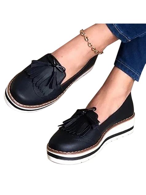 Lallc - Women's Tassel Round Toe Plain Flat Comfort Casual Pull-on Platform Shoes - Walmart.com ...