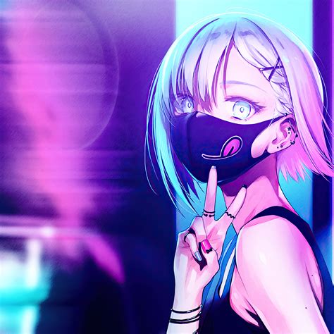 2932x2932 Anime Girl City Lights Neon Face Mask 4k Ipad Pro Retina Display ,HD 4k Wallpapers ...