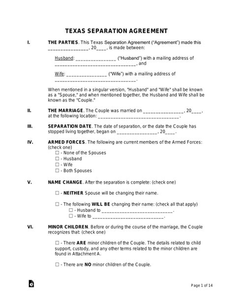 Free Texas Separation Agreement Template - PDF | Word – eForms