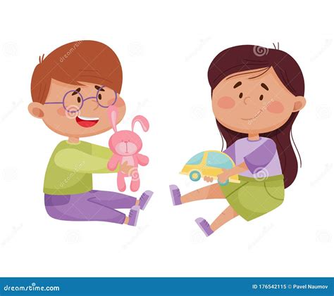 Friendly Little Kids Playing and Sharing Toys with Each Other Vector Illustration Stock Vector ...