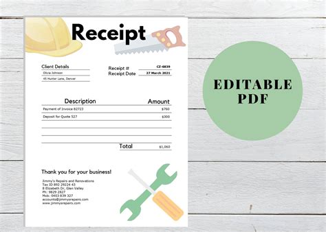 Handyman Receipt, Handyman Business Receipt Template, Handyman Service Receipt Template ...