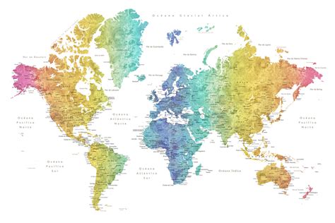 Kart World map with labels in Spanish, rainbow watercolor, Blursbyai ǀ Bykart og verdenskart ...