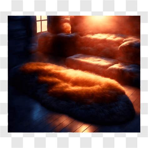 Download Cozy Living Room with Fireplace and Orange Fur Rug PNG Online - Creative Fabrica