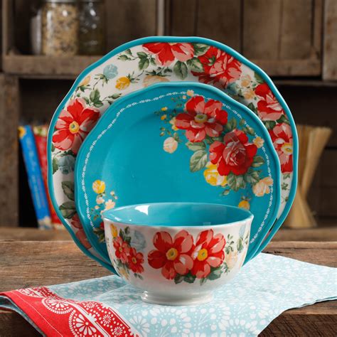 The Pioneer Woman Vintage Floral 12-Piece Dinnerware Set, Teal - Walmart.com