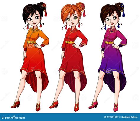 Cute Cartoon Girl Wearing Chinese Traditional Dress. Hand Drawn Illustration Set Stock Vector ...