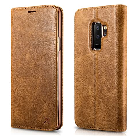 Genuine Leather Case for Samsung Galaxy S9 / S9 Plus Real Natural Cowhide Phone Cover Magnetic ...