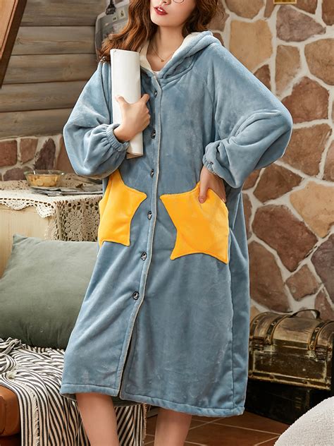 Women Coral Fleece Double Star Pockets Thick Warm Loose Button Up Sleepwear Hooded Robes ...