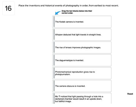 SOLVED: Place the inventions and historical events of photography in order, from earliest to ...