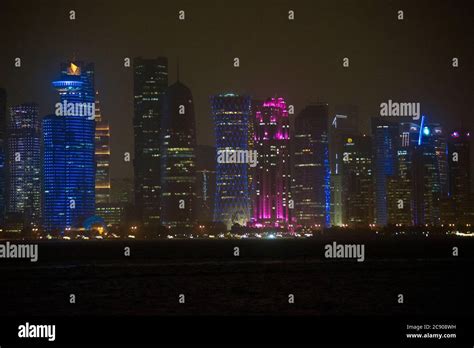 Doha skyline by night, Qatar Stock Photo - Alamy