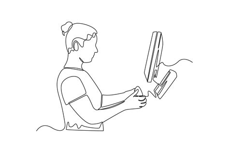 Continuous one line drawing retail woman cashier with barcode scanner. Business activity concept ...