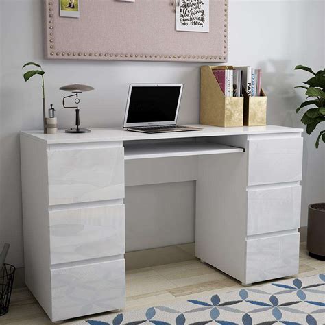 6 Drawers High Gloss Front White Desk | Fit You