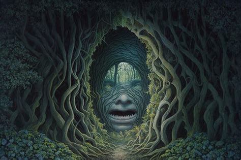 Premium AI Image | painting of a creepy looking face in a forest with trees generative ai