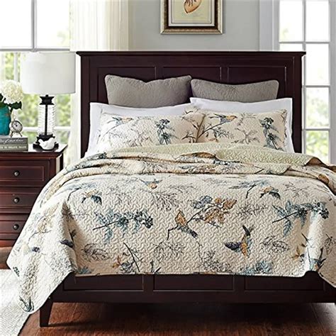 FADFAY 100% Cotton Bedspread Sets Country Comforter Sets Birds Printing Queen Quilt Set With ...