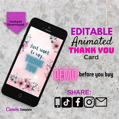 Animated Thank You Card, Electronic Thank You Card Template Editable, Thank You Note Ecard for ...