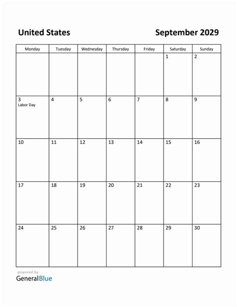 Free Printable September 2029 Calendar for United States