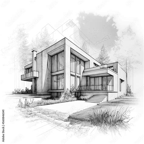 Architectural sketch of a new double storey modern house. Painting of a house sketch. Technical ...