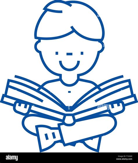 Boy reading book line icon concept. Boy reading book flat vector symbol, sign, outline ...