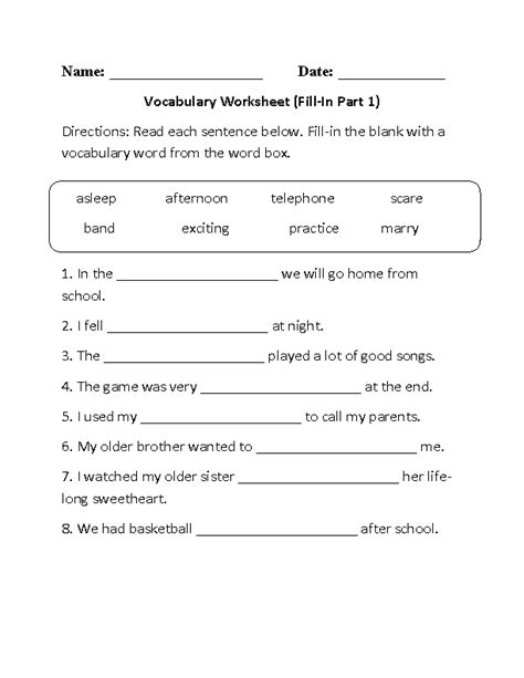 Vocabulary Worksheets | Fill-In Vocabulary Worksheets Part 1