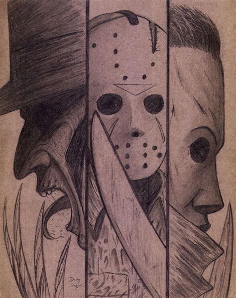 Freddy ,Jason,and Michael on Cardboard | Scary drawings, Creepy drawings, Dark art drawings