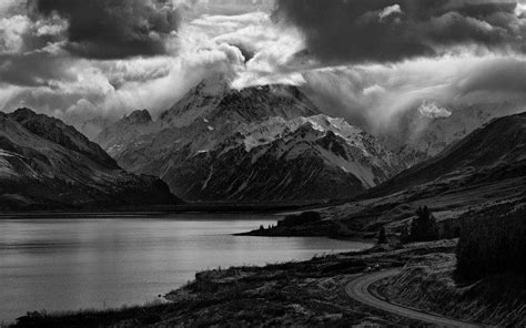 nature, Landscape, Lake, Mountain, Road, Clouds, Monochrome, Scotland, Trees, Snowy Peak, Dark ...