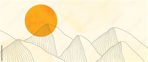 Mountain line art wallpaper background vector. Contour drawing linear scenic hill landscape with ...