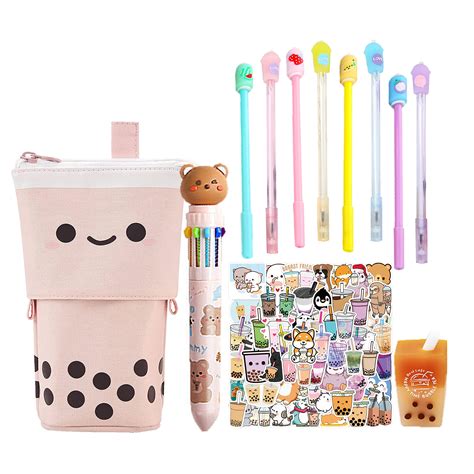 Kawaii Stationary Set comes with 1 Pop Up Boba Pencil Case, 1 Boba Kawaii Eraser, 8 Kawaii Pens ...