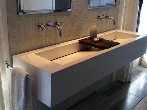 Sophisticated White Commercial Trough Sink With Wooden Soap Dish As Well As Double Bathroom Wall ...