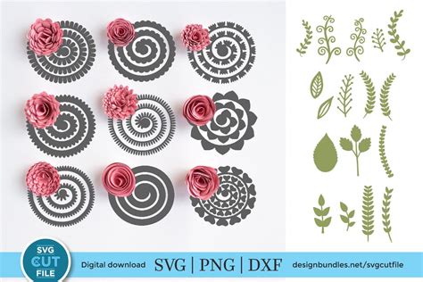 Rolled paper flowers SVG -9 rolled flower templates & leaves (532642) | Cut Files | Design Bundles